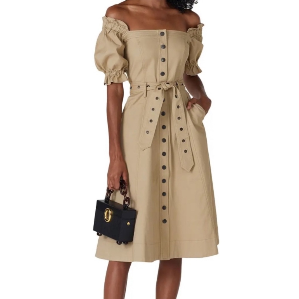 Marissa Webb A Line Shirt Dress Tan Button Up Off Shoulder Belted Puff Sleeves